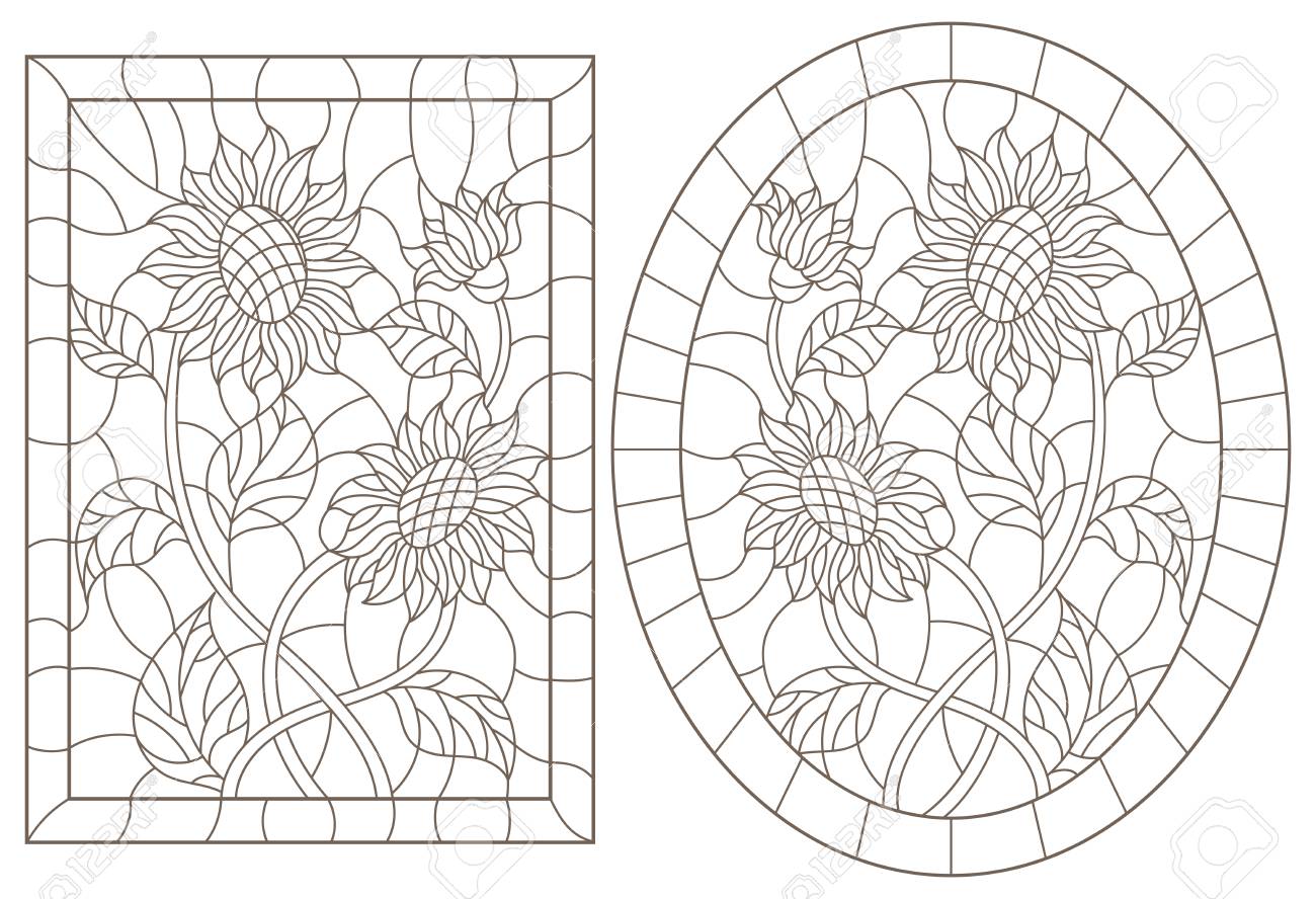 A set of contour illustrations of stained glass windows with sunflowers in frames dark contours on a white background oval and rectangular image royalty free svg cliparts vectors and stock illustration image