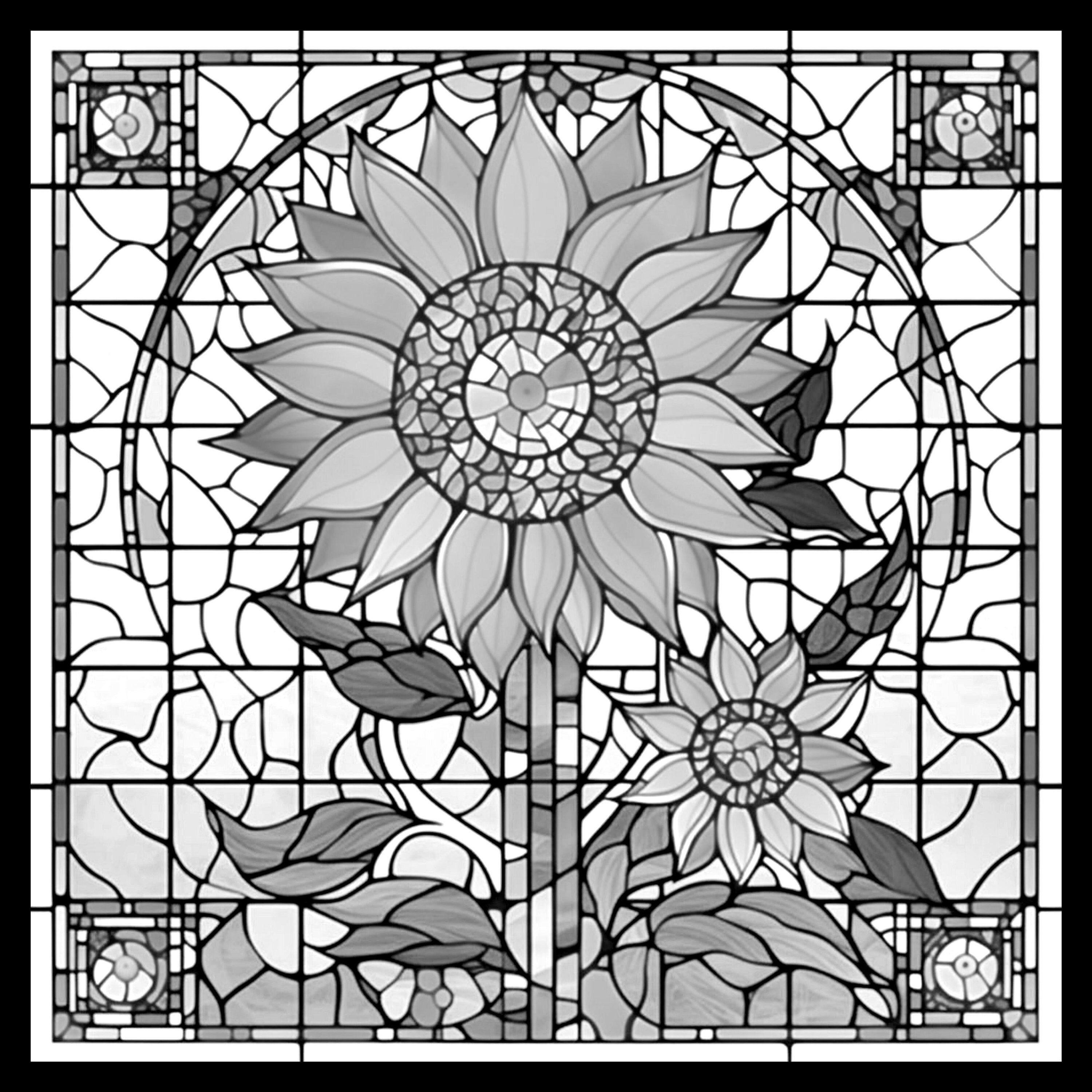 Close up sunflower stained glass pattern print download digital art up to x dpi coloring sheet