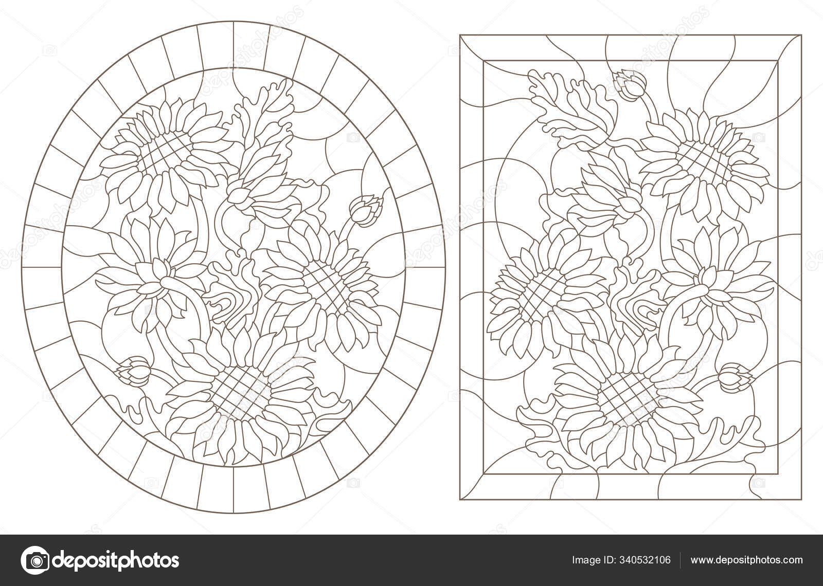 A set of contour illustrations of stained glass windows with sunflowers in frames dark contours on a white background oval and rectangular image stock vector by zagory