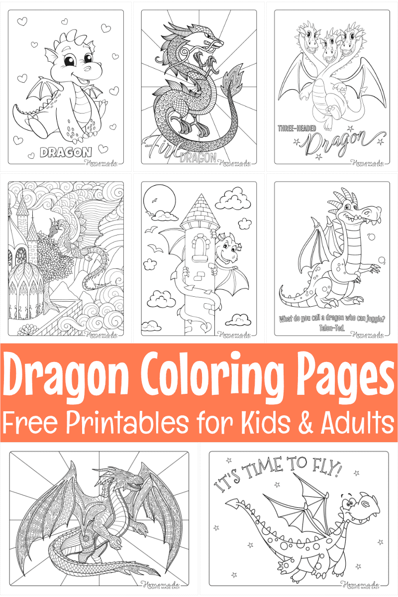 Free dragon coloring pages for kids adults