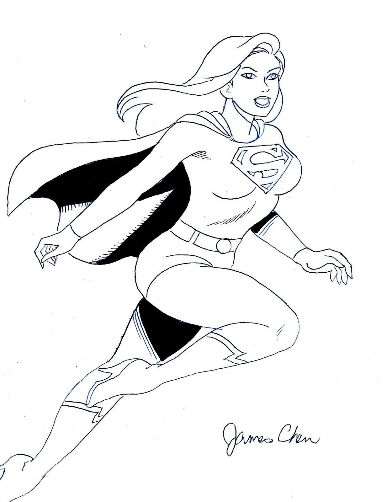 Supergirl original comic art black ink sketch on rd stock by james chen