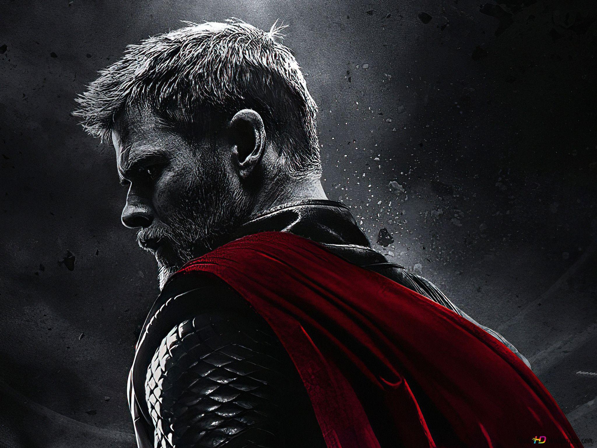 Black and white red cape superhero image of the protagonist thor from the movie thor love and thunder k wallpaper download