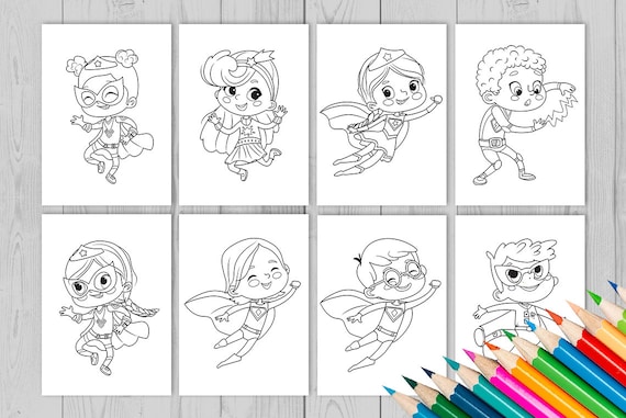 Super hero kids coloring pages set of super hero illustrations superhero printable instant digital download jpeg superhero girl pdf