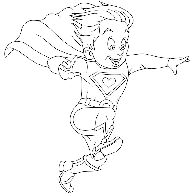 Premium vector cute super hero boy ready to save cartoon coloring book page for kids