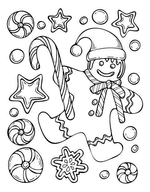 Coloring book christmas gingerbread man in santa hat festive cookies lollipop cane candy hand drawn line art black white illustration coloring page for kids and adults stock illustration