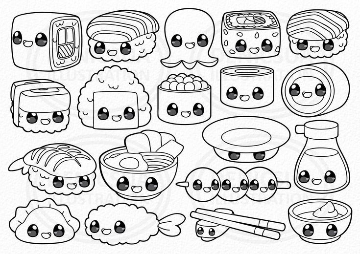Kawaii sushi clipart japanese food vector kawaii sushi party sushi family illus digital download png line clip art sticker printable instant download