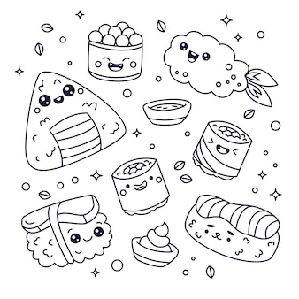 Kawaii coloring sushi vectors illustrations for free download