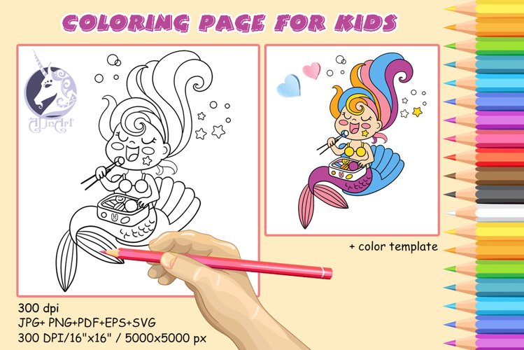 Kawaii mermaid eats sushi coloring page for kids