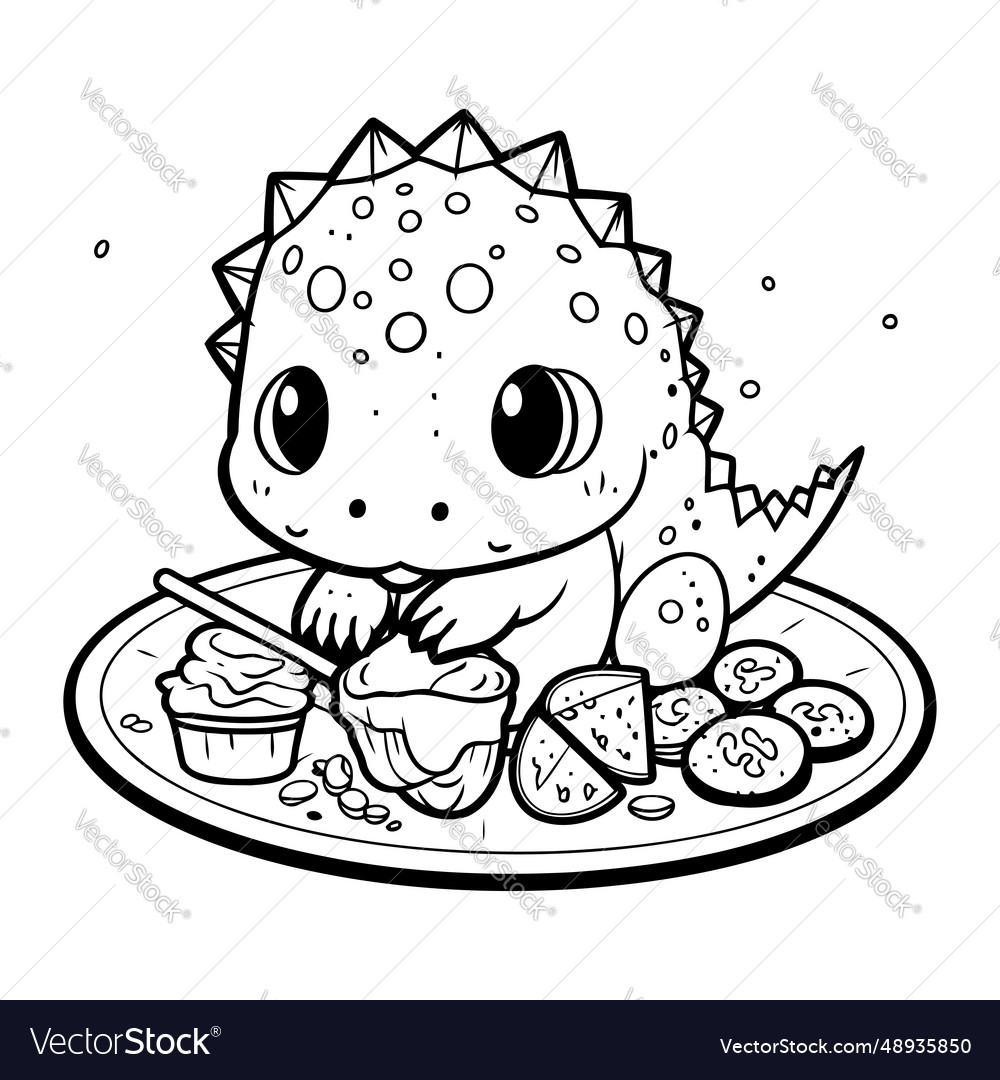 A cute dinosaur eating sushi coloring book vector image