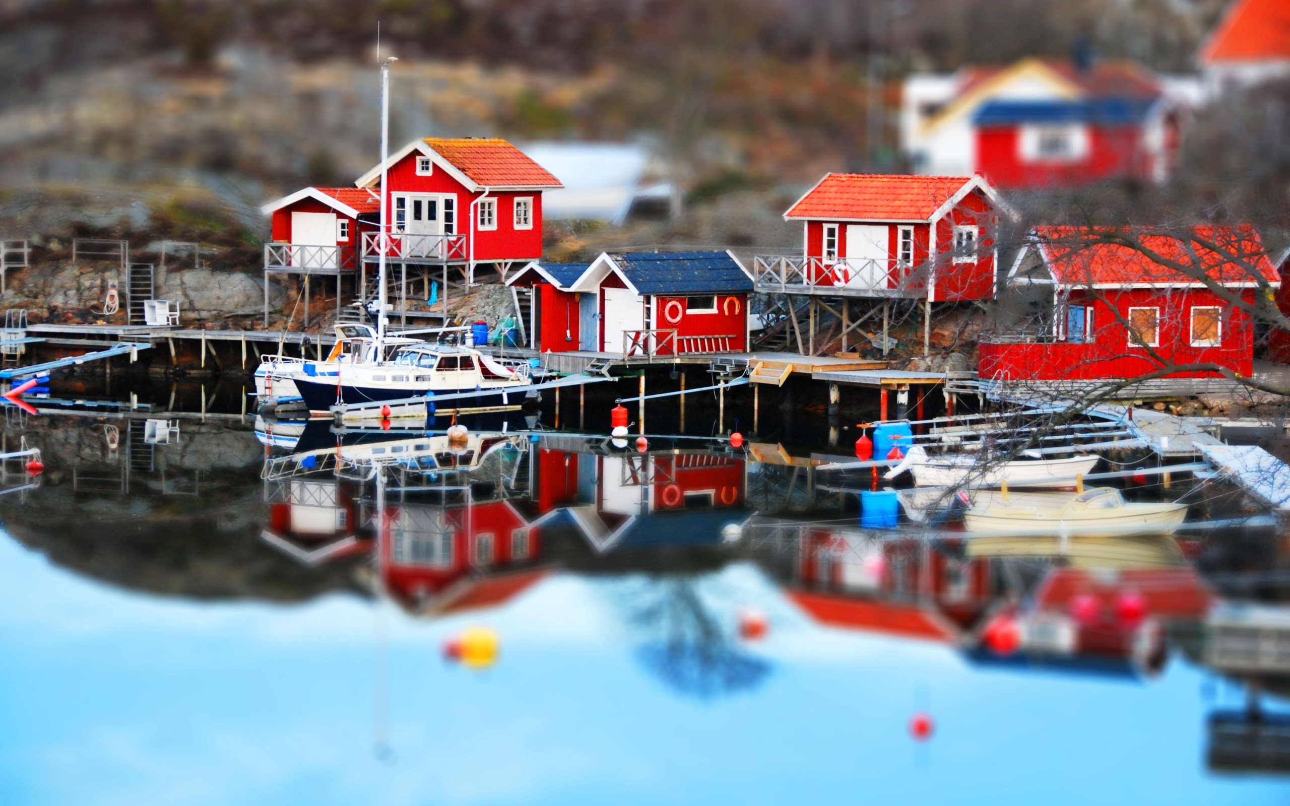 Tilt shift dock house lake reflection sweden wallpapers hd desktop and mobile backgrounds