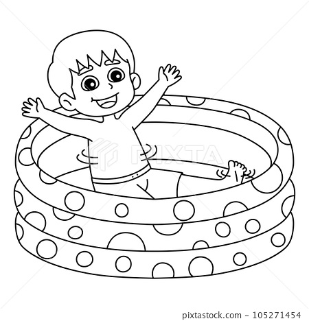 Boy in swimming pool summer isolated coloring page
