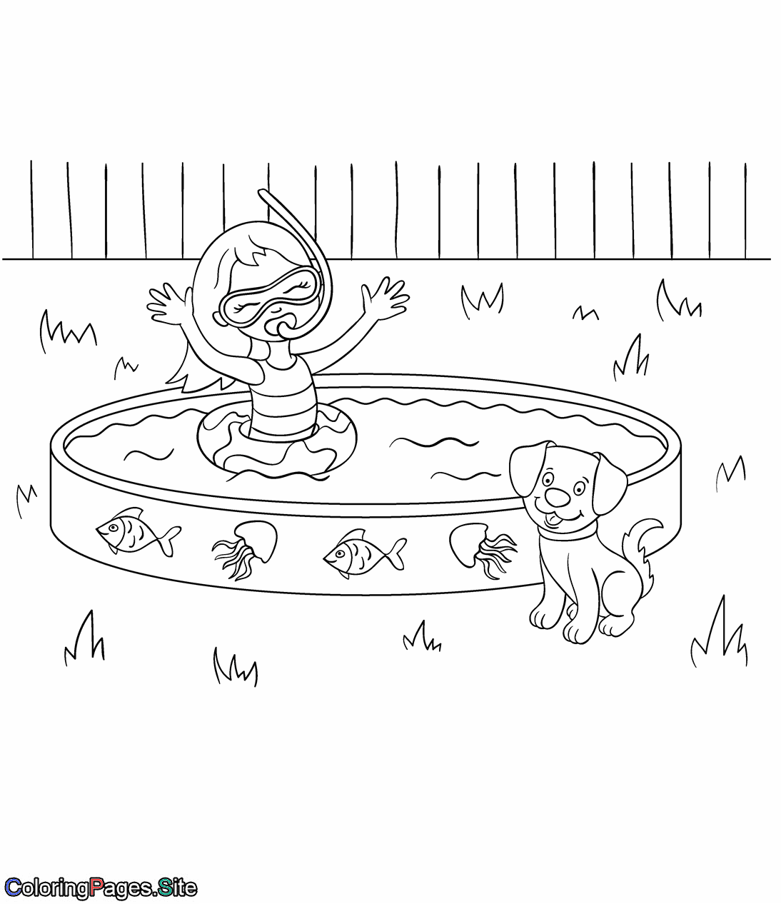 Girl swimming in a home pool coloring page