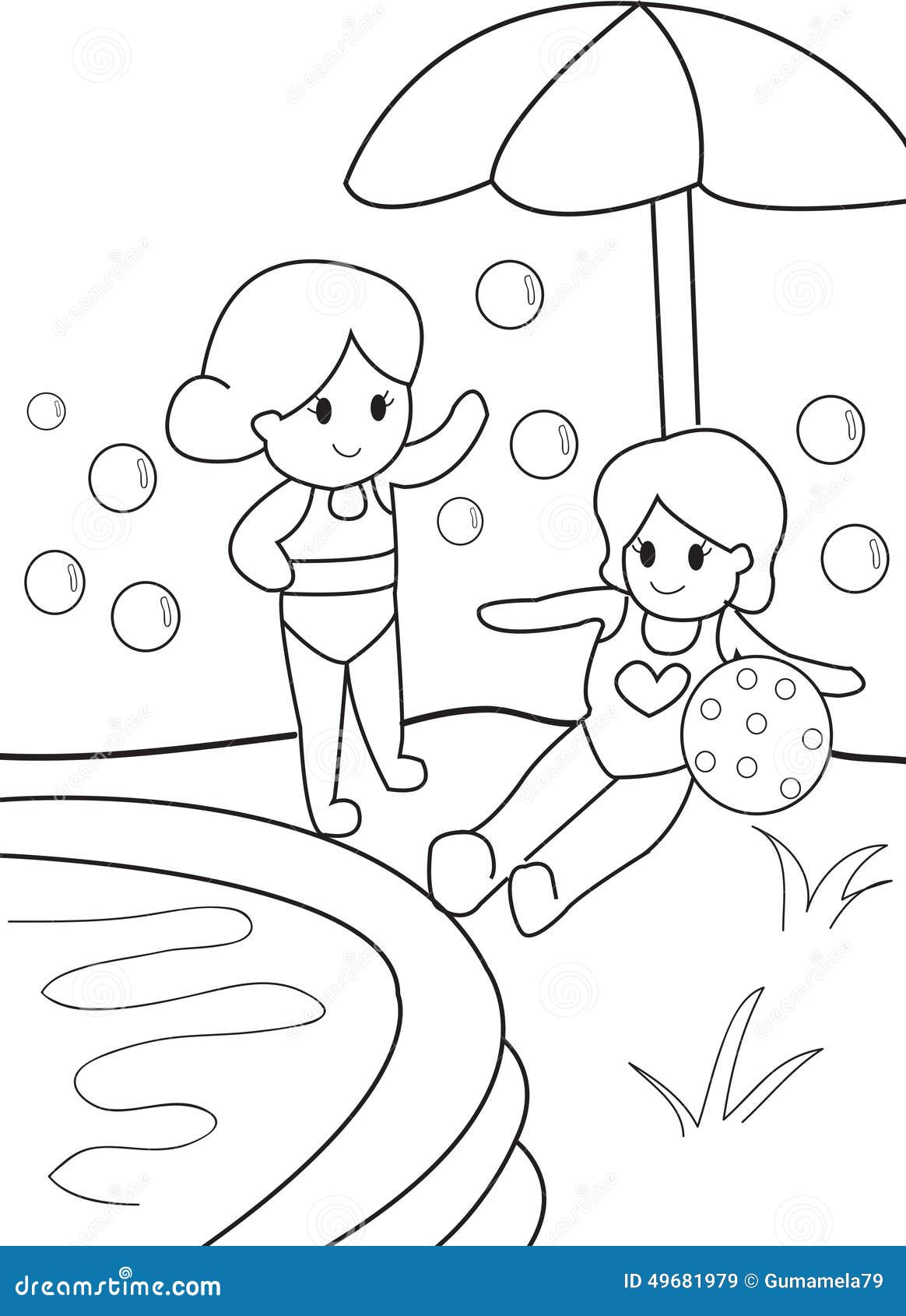 Girls by the pool kid coloring page stock illustration