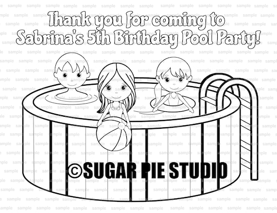 Personalized pool party coloring page birthday party favor colouring activity sheet personalized printable template