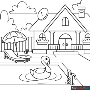 House with a swimming pool coloring page easy drawing guides