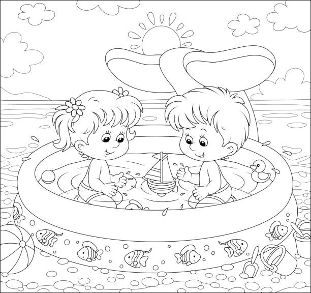 Children playing in a kids pool on a beach stock illustration