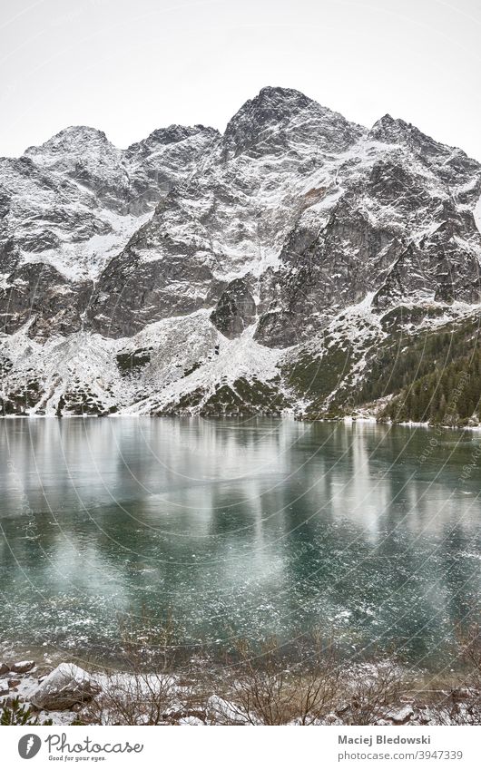 Frozen lake on a snowy day in tatra national park poland