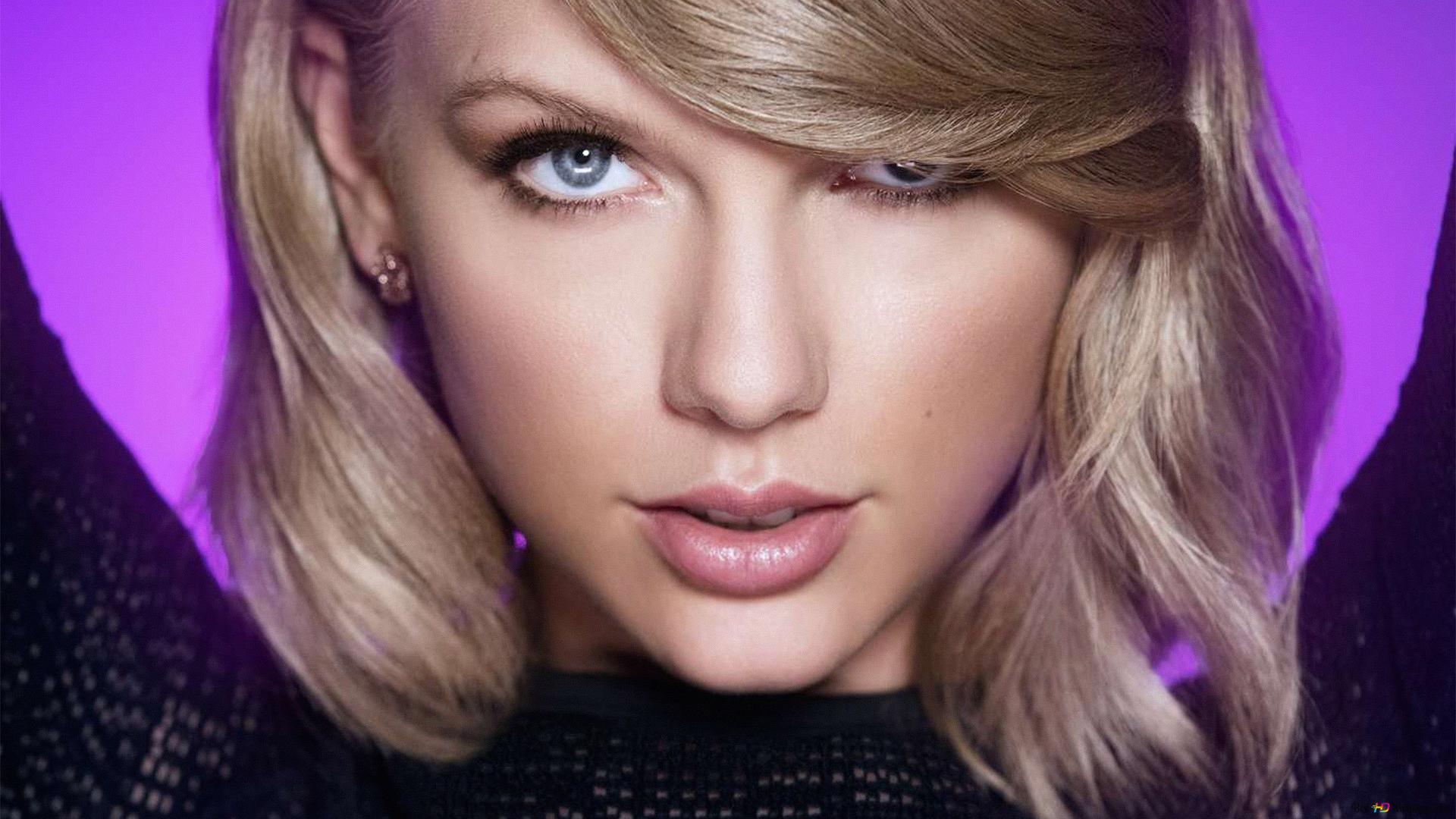 Taylor swift peeking out from under his blonde hair with blue eyes purple background hd wallpaper download