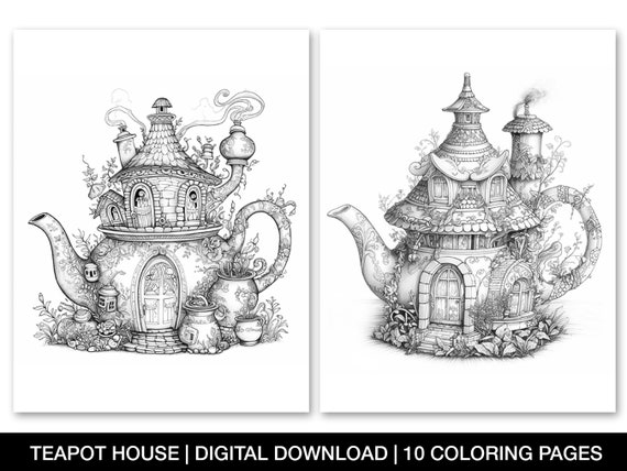 Enchanted fairy teapot house coloring pages for adults printable teapot house sheet grayscale coloring page fariy homes instant download download now