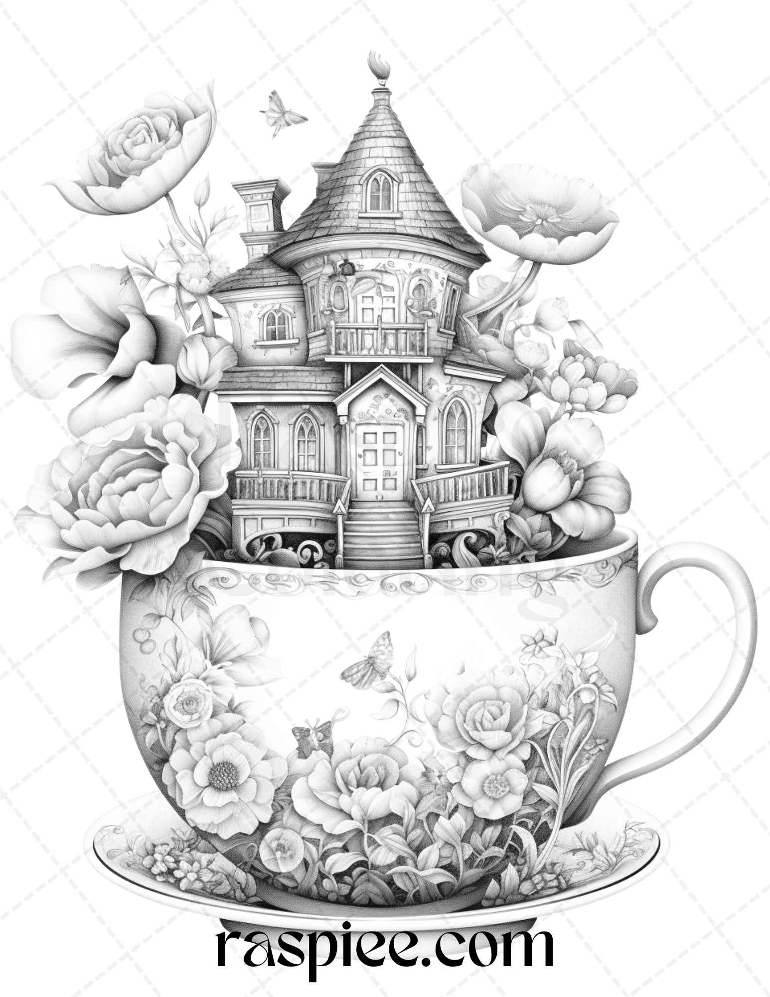 Flower teacup fairy houses grayscale coloring pages printable for a â coloring