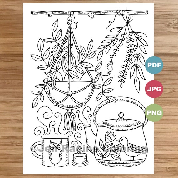 Hanging plant and teapot coloring page hygge floral scandinavian cozy coloring coloring page