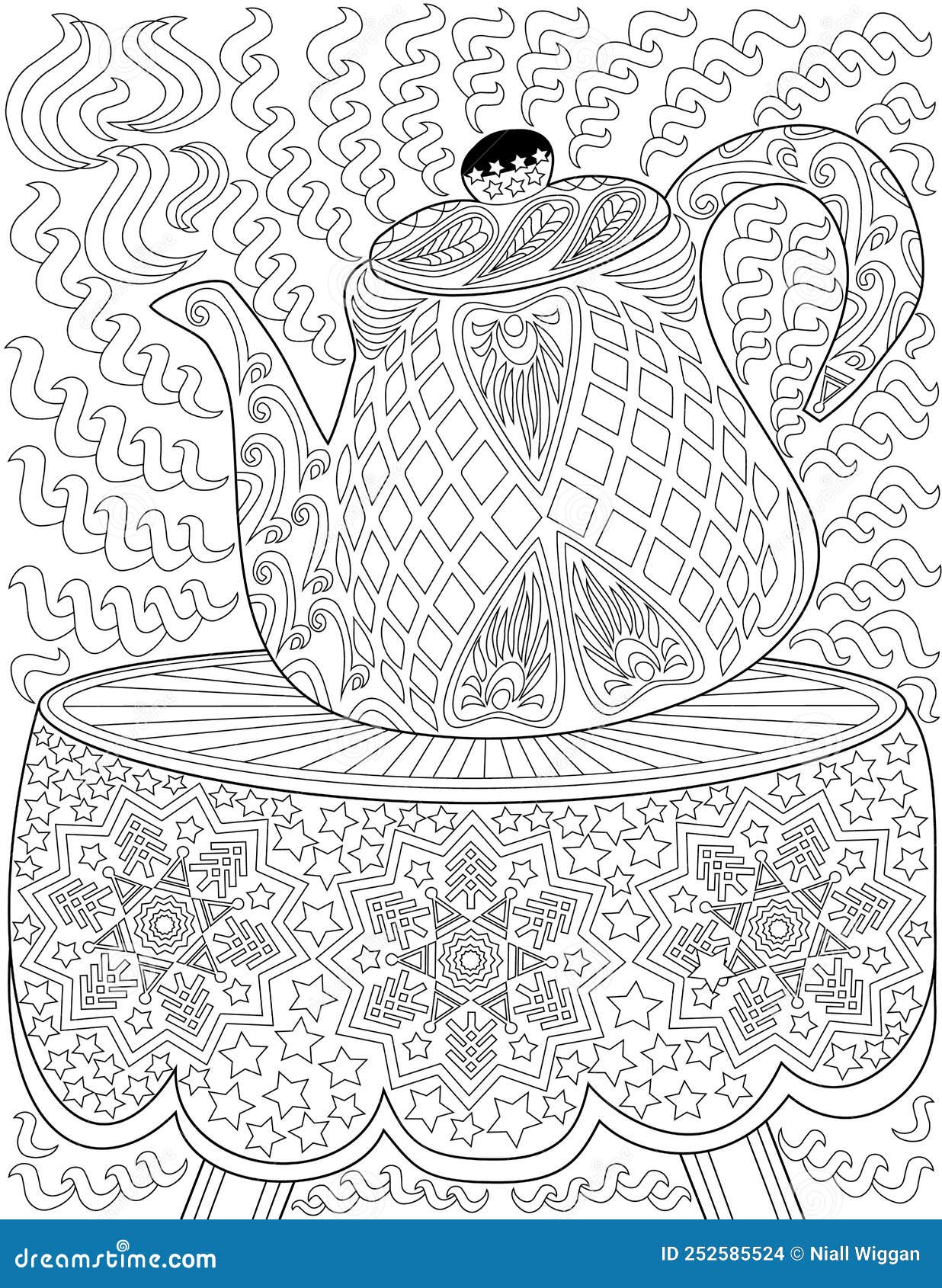 Coloring book page with teapot on table with cloth with snowflakes design sheet to be colored with kettle on surface stock photo