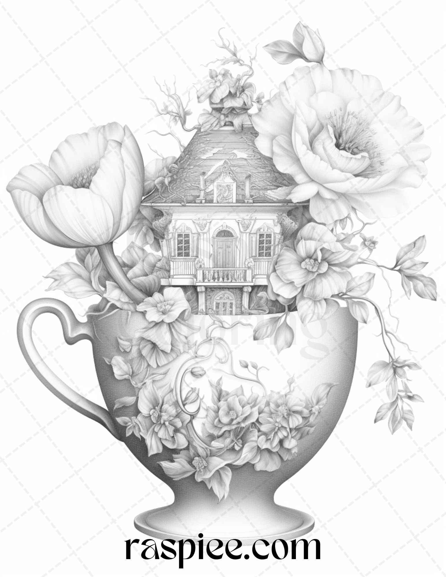 Flower teacup fairy houses grayscale coloring pages printable for a â coloring