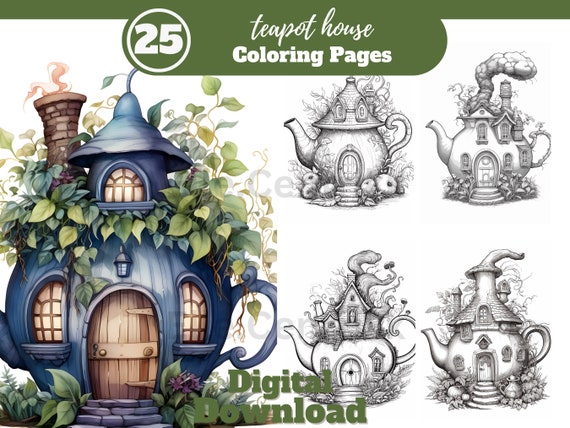 Teapot house coloring bookrelax and unwind adult coloring pagesprintable digital downloadunique house coloring wbonus sticker sheets