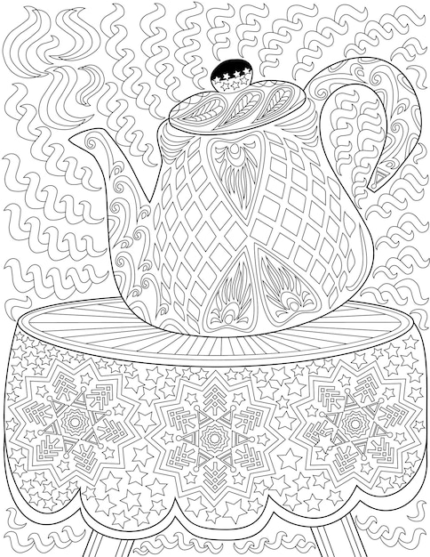 Premium vector coloring book page with teapot on table with cloth with snowflakes design sheet to be colored with kettle on surface designed with flakes teakettle in the dinning