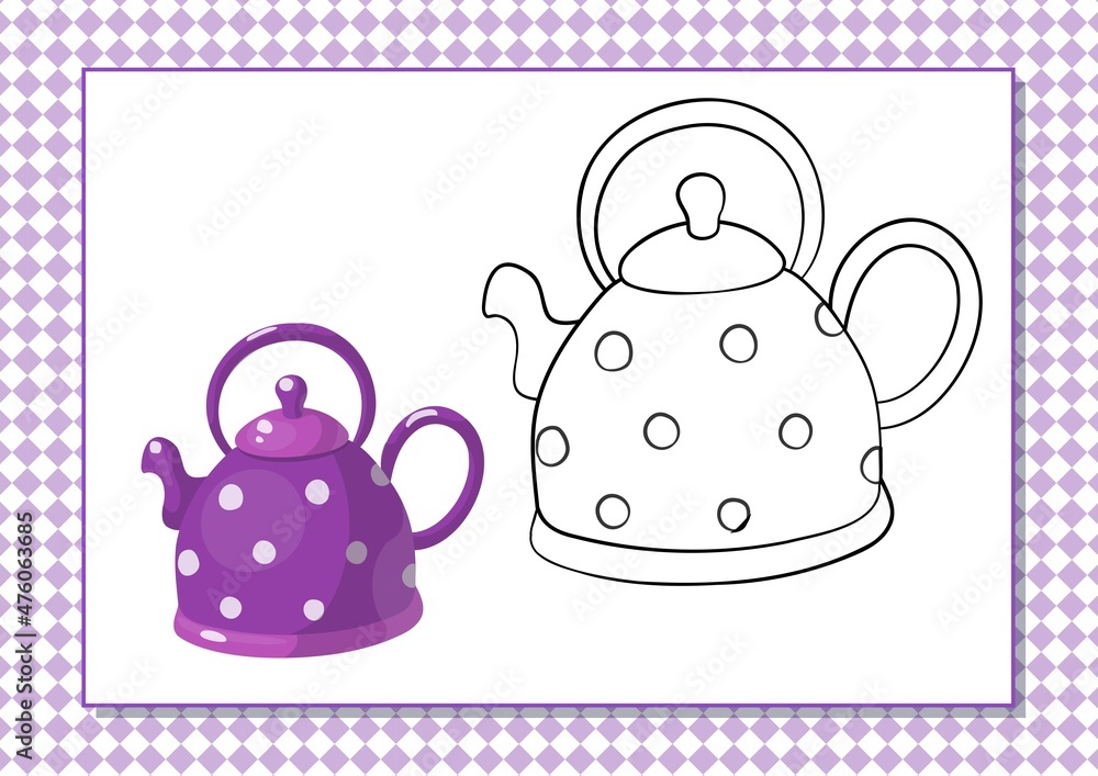 Printable worksheet coloring book cute cartoon teapot vector illustration horizontal a page color violet vector