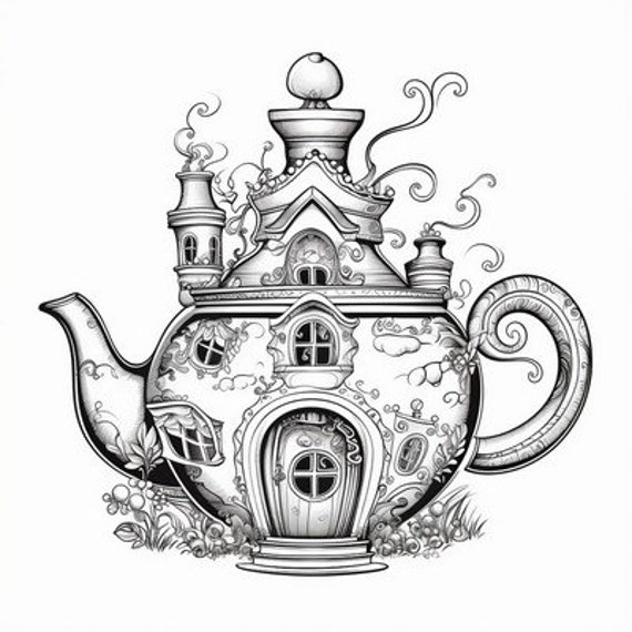 Tea pot fairy house coloring pages instant download