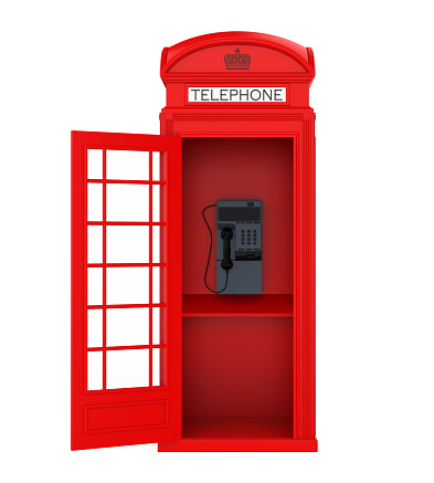 British red telephone booth with open door stock photo