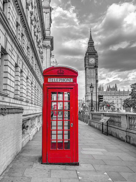 London phone booth â derate with a wall mural â