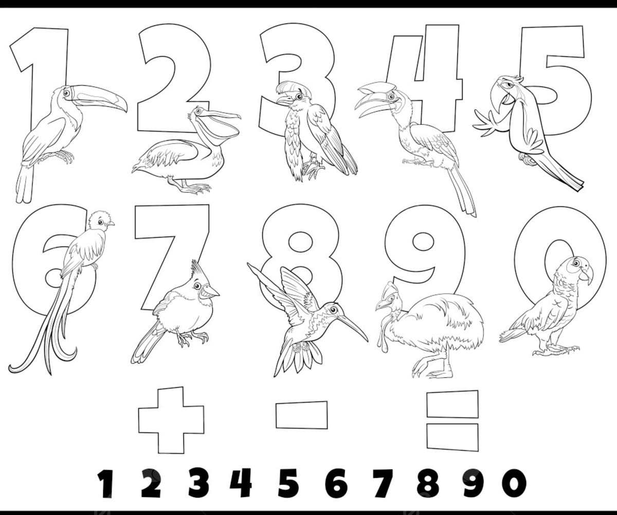 Black and white cartoon illustration of educational numbers set from one to nine with funny birds animal characters coloring page template download on