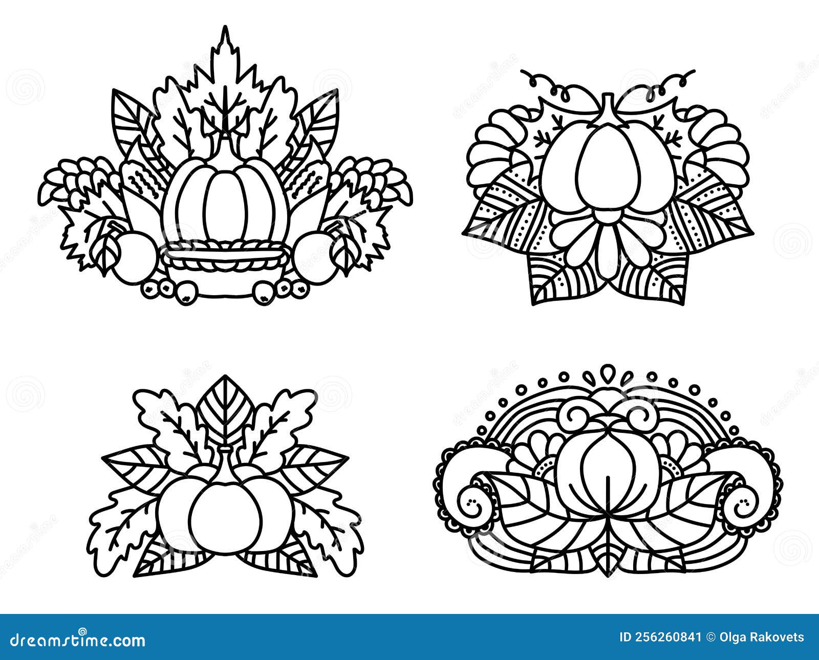 Thanksgiving pumpkin and leaves coloring page set outline vegetable bouquet and patterns stock vector
