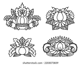 Thanksgiving pumpkin leaves coloring page set stock vector royalty free