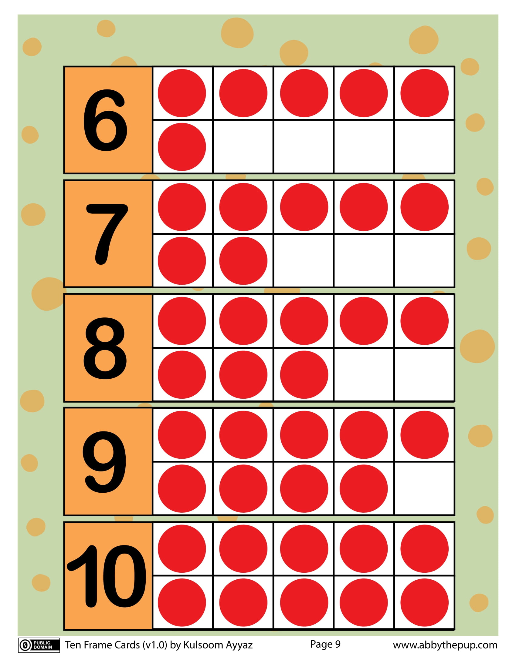 Ten frame cards with red dots and numbers free printable papercraft templates