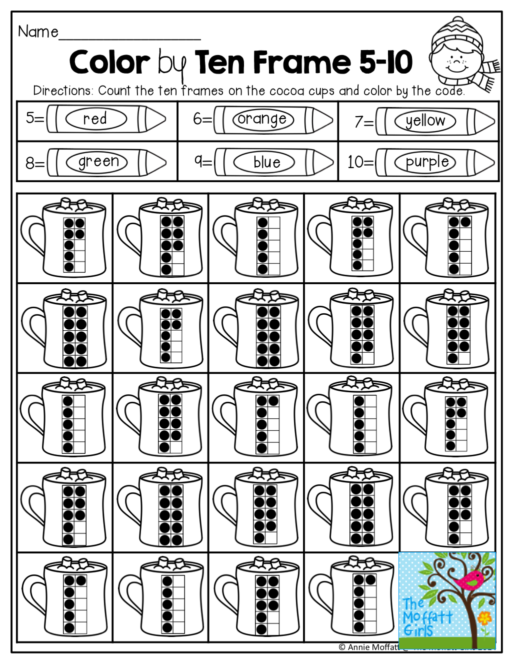 Ten frame recognition count the ten frames and color by the code tons of fun printables kindergarten math math math classroom