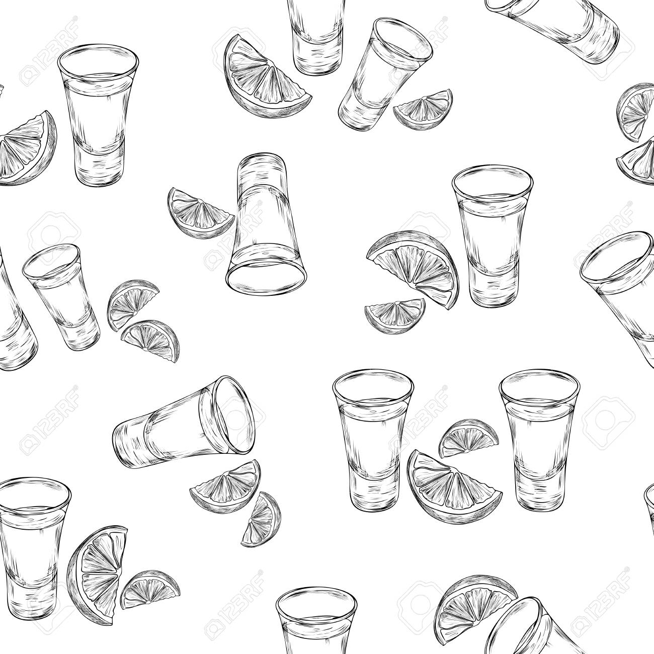 Vector seamless pattern with hand drawn tequila shot and slice lime tequila glass with slice of lime background in engraved style royalty free svg cliparts vectors and stock illustration image