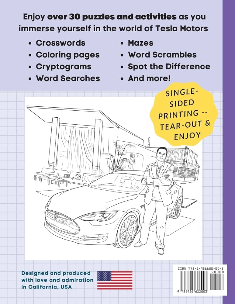 Tesla fan puzzle and activity book fun for kids and adults with every tesla car and truck maestro aero hoffstadt brett books