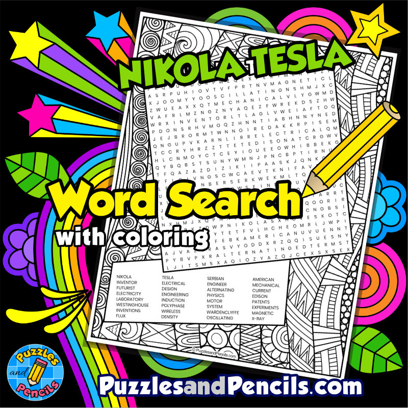 Nikola tesla word search puzzle with coloring famous inventors wordsearch made by teachers