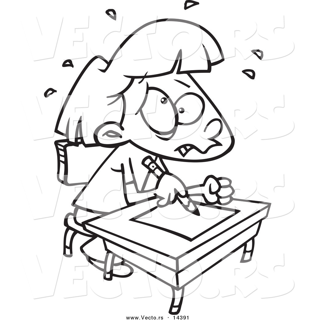 R of a cartoon stressed school girl taking a test