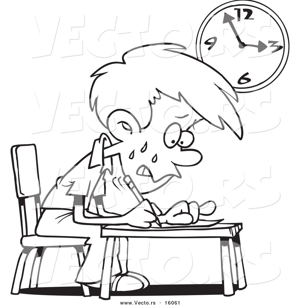 R of a cartoon stressed school boy taking an exam