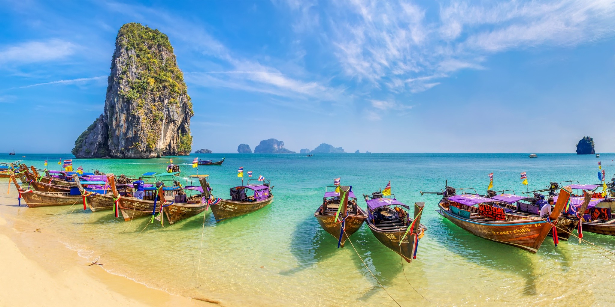 Beach sand boat limestone island sea turquoise water tropical vacations summer nature landscape thailand wallpapers hd desktop and mobile backgrounds