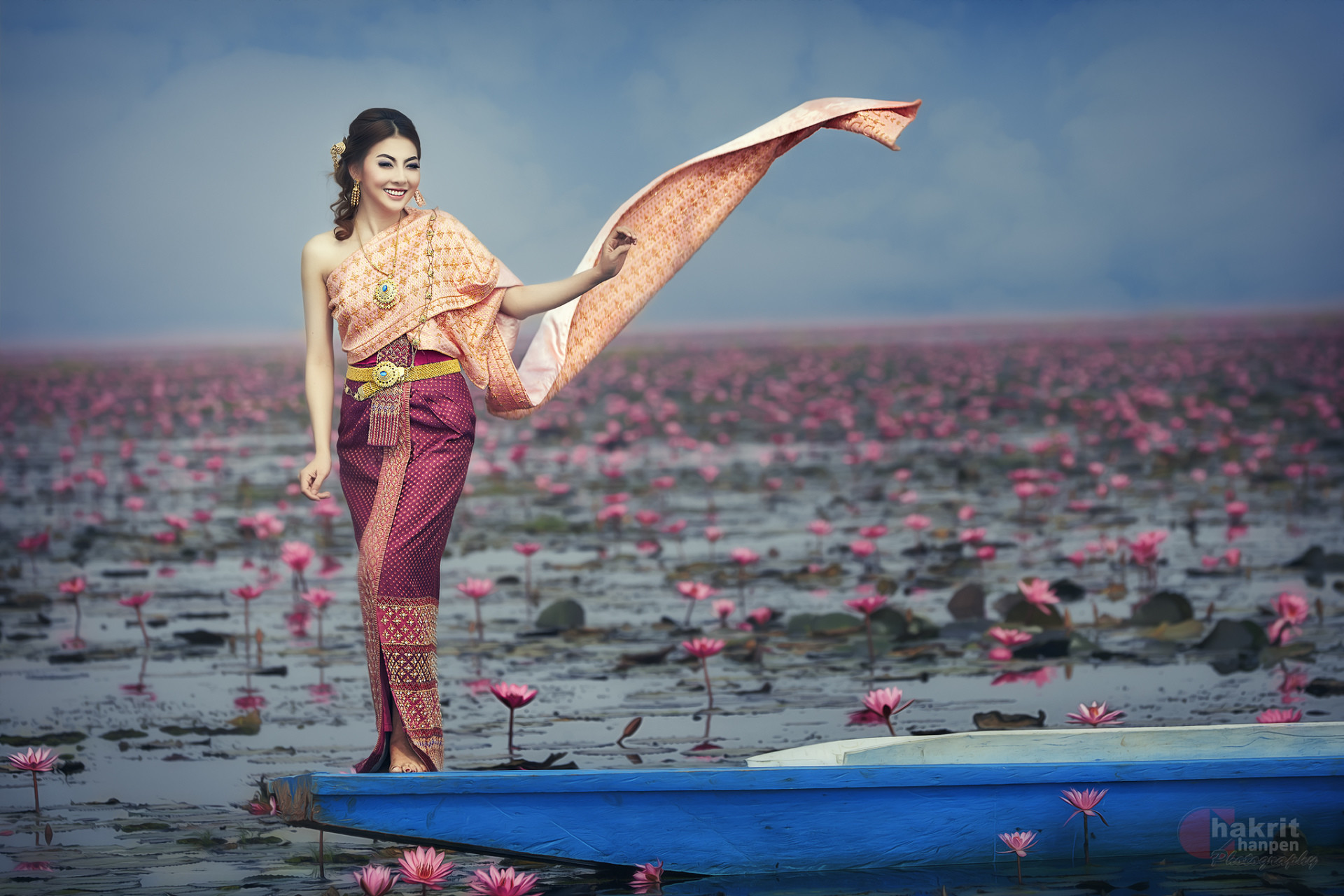 Photography oriental flower boat national dress asian thai woman girl wallpaper