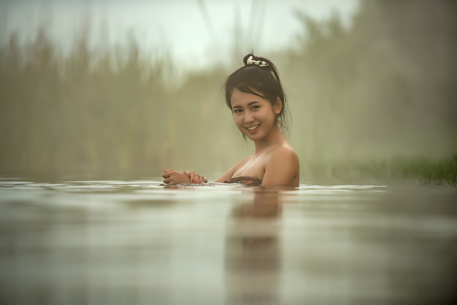 Water women thailand asian smiling brunette looking away portrait