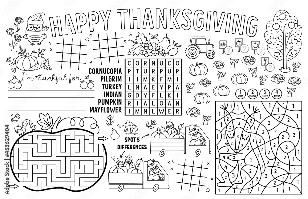 Vector thanksgiving placemat for kids fall holiday printable activity mat with maze tic tac toe charts connect the dots find difference black and white autumn play mat or coloring page vector