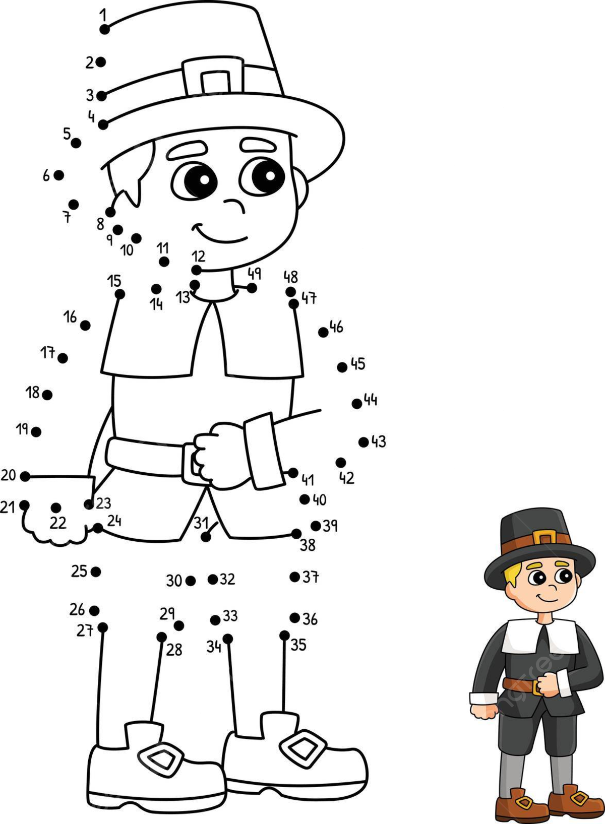 Thanksgiving pilgrim boy connect the dots coloring page vector line grapc traveller png and vector with transparent background for free download