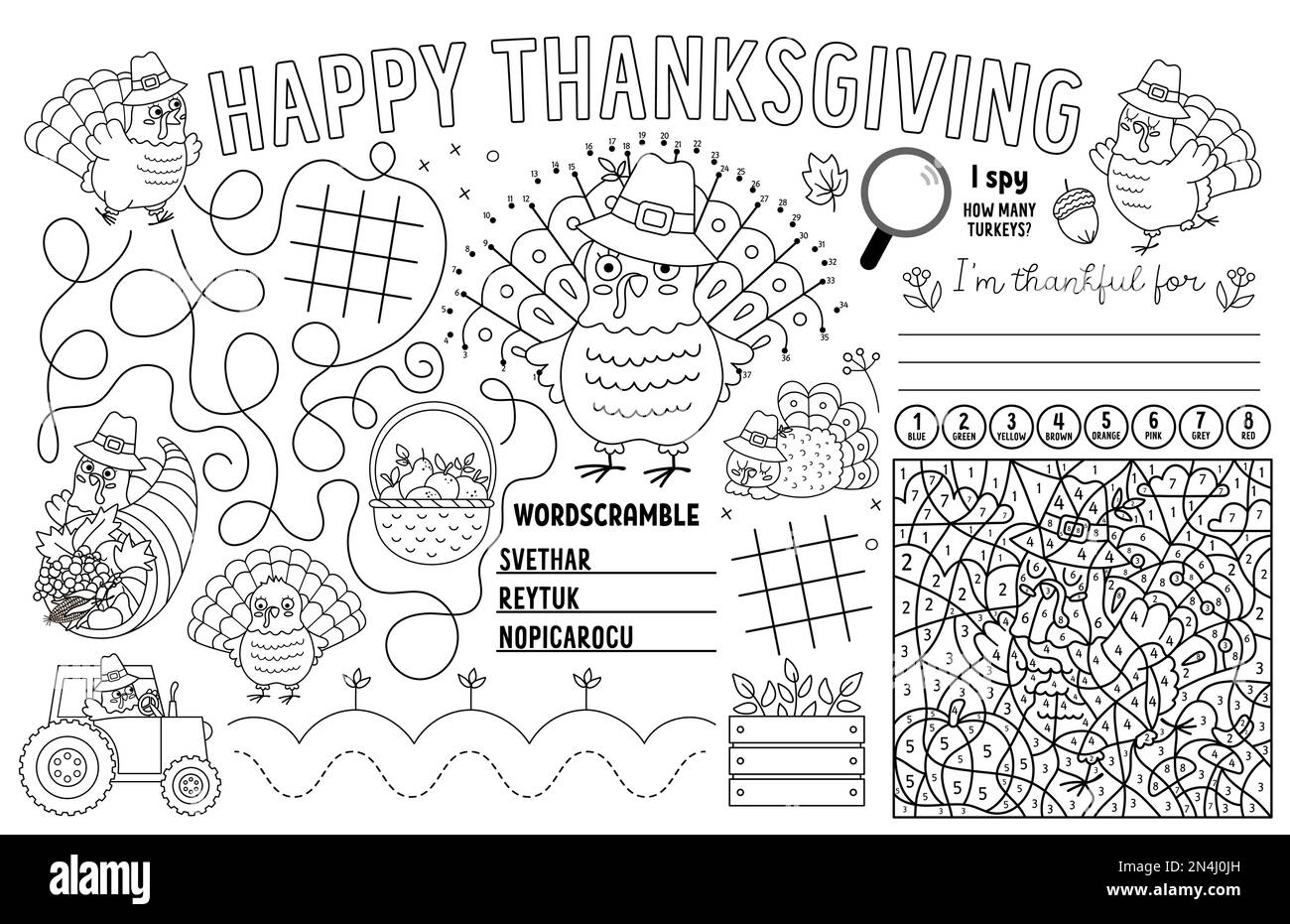 Vector thanksgiving placemat for kids fall holiday printable activity mat with maze tic tac toe charts connect the dots find difference black and stock vector image art
