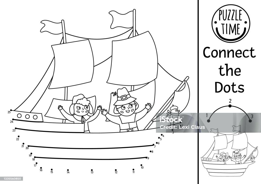 Vector dottodot and color activity with mayflower ship and pilgrims thanksgiving historical connect the dots game or coloring page for kids autumn holiday printable worksheet fall quiz stock illustration